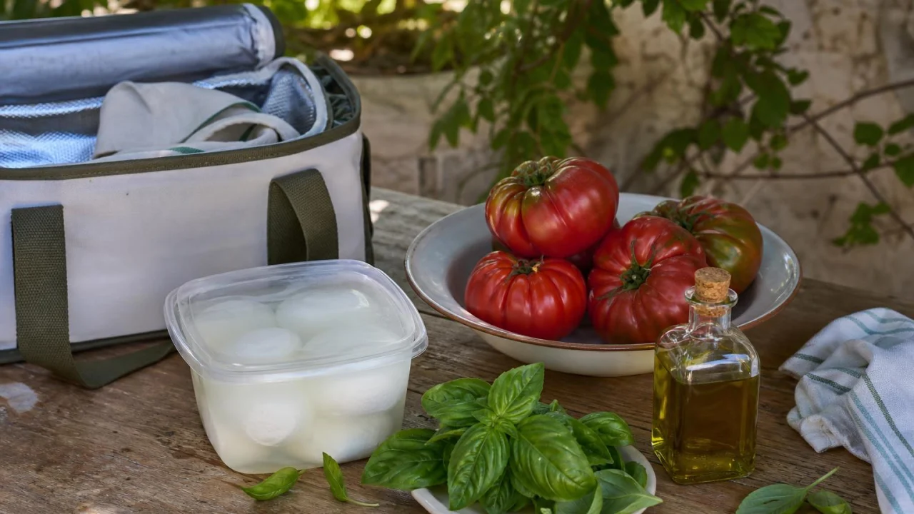 Tavolo estivo con mozzarella, pomodori e borsa frigo aperta all’ombra.