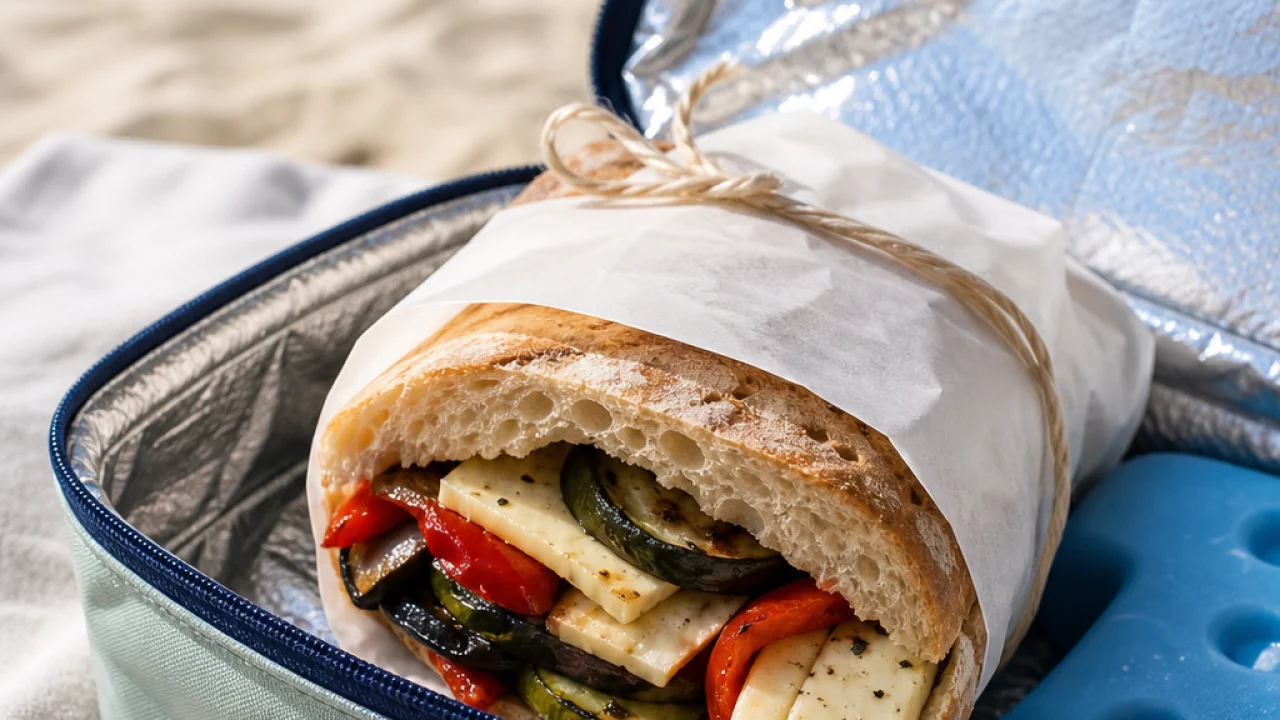 Panino avvolto in carta alimentare dentro una borsa frigo aperta su un telo vicino alla spiaggia.