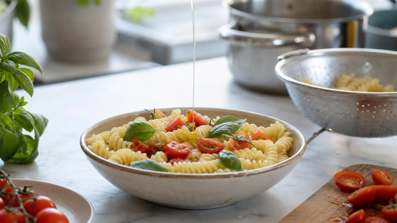 Ciotola di fusilli freddi con pomodorini e basilico su un piano cucina luminoso.