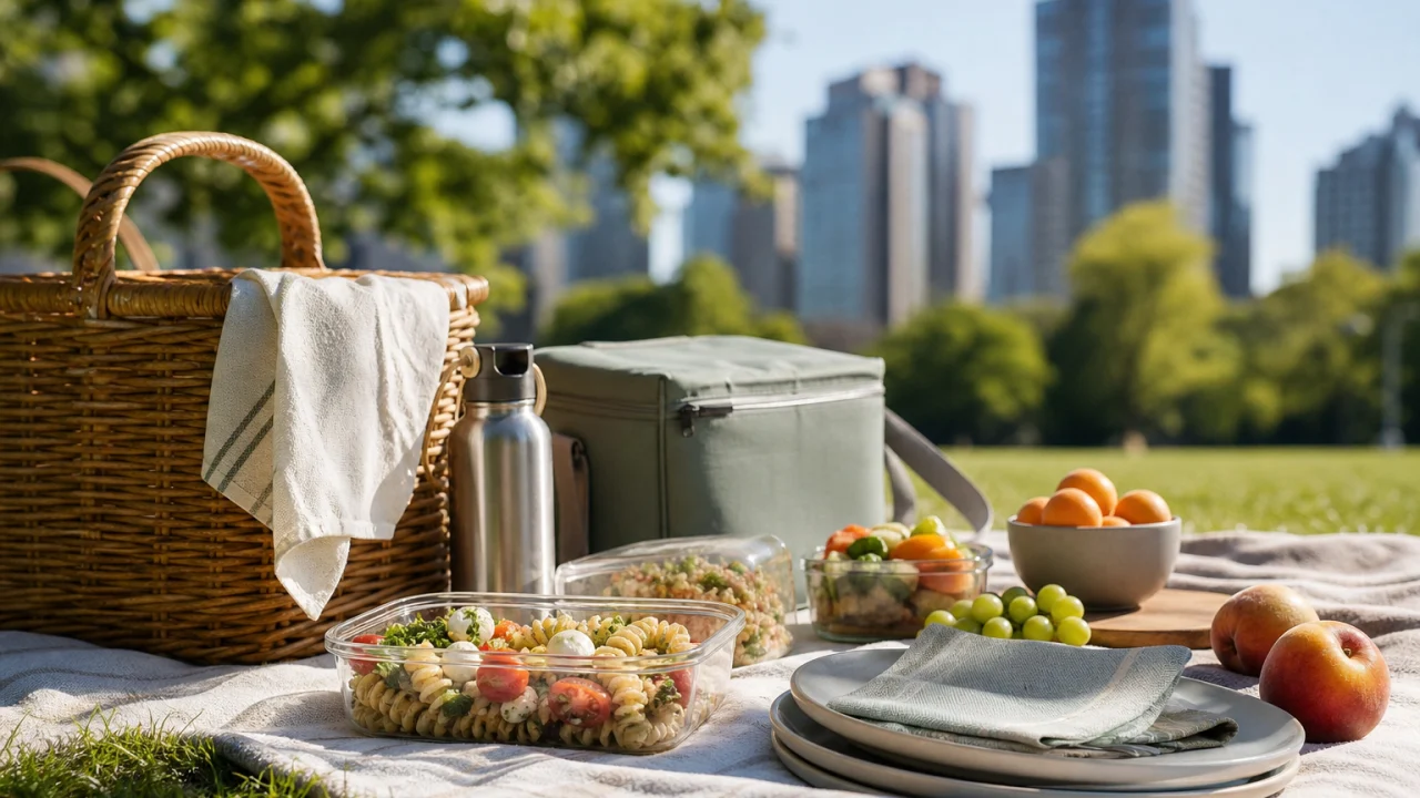 Telo da picnic su prato con borsa frigo, cestino, contenitori chiusi, frutta intera, acqua e piatti riutilizzabili in luce naturale.