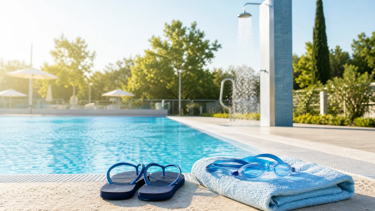 Bordo di una piscina estiva pulita con acqua azzurra, ciabatte, asciugamano e occhialini senza marchi visibili.