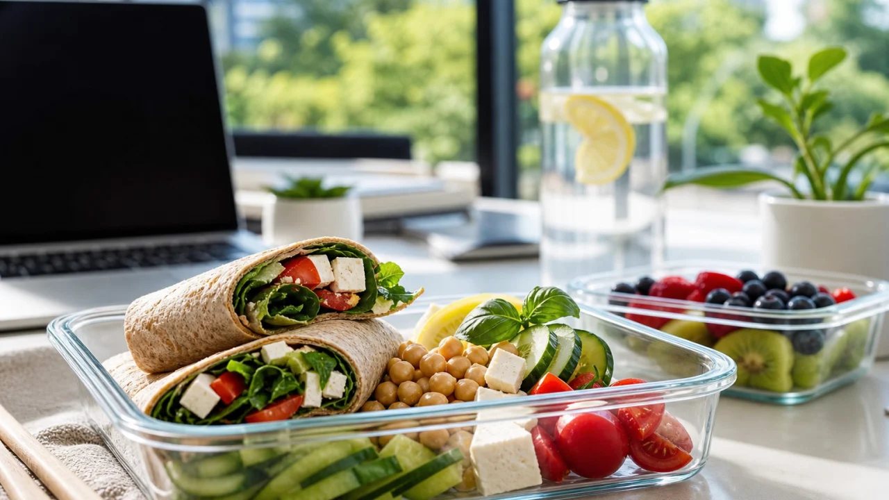 Contenitori con wrap, ceci, cetrioli, pomodorini, frutta e borraccia su una scrivania luminosa con laptop sfocato.