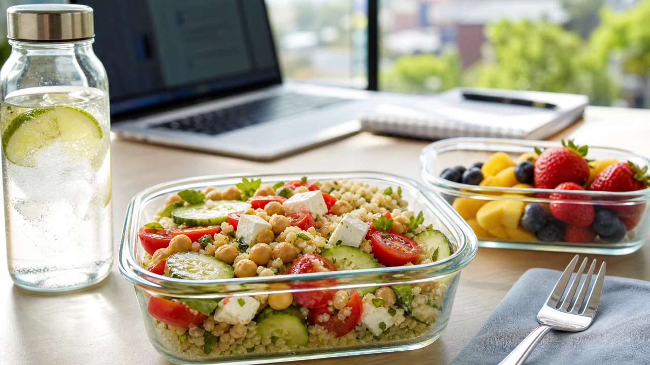 Contenitori con couscous, ceci, pomodorini, cetrioli e frutta su una scrivania luminosa con laptop sfocato.