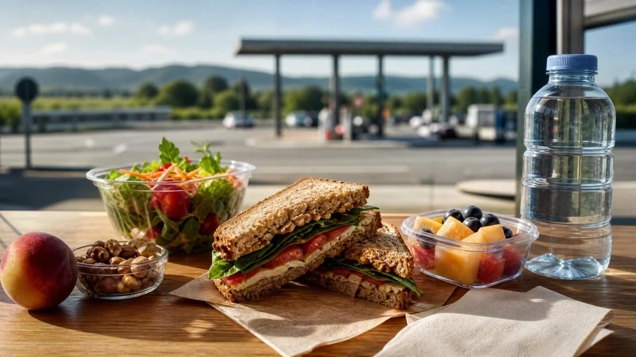 Tavolo da area di sosta con panino integrale, insalata, frutta, acqua e frutta secca in luce naturale.