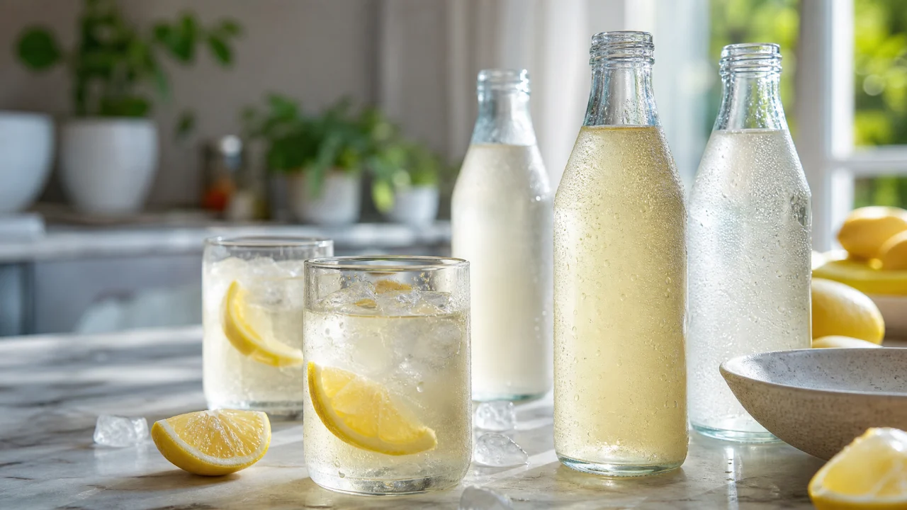 Bicchieri e bottiglie trasparenti senza etichette con protein water, ghiaccio e agrumi su un tavolo da cucina luminoso.