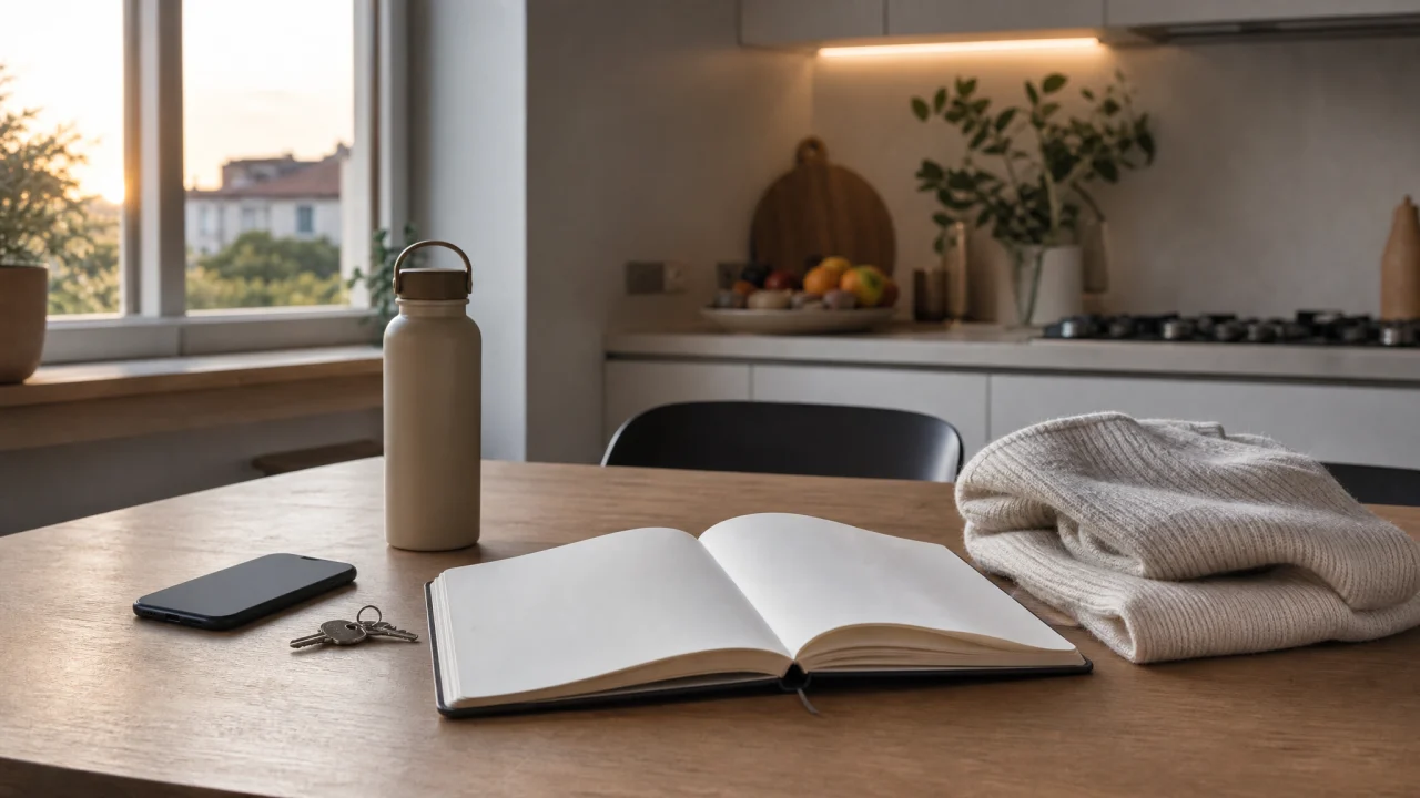 Tavolo di cucina ordinato con agenda.