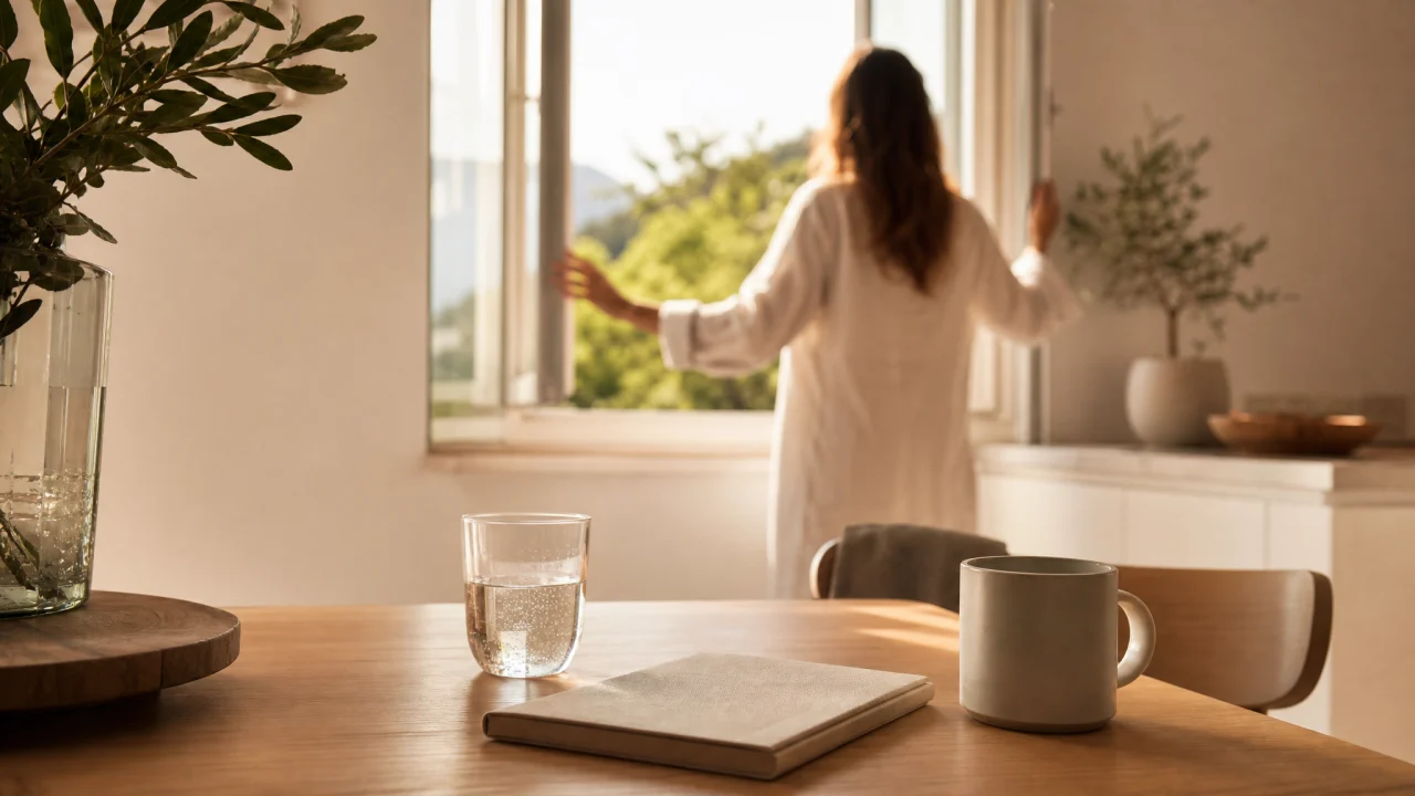 Persona sfocata apre una finestra in una stanza luminosa con bicchiere d'acqua e quaderno su un tavolo.