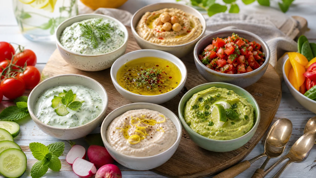 Ciotole di salse fredde estive con yogurt, legumi, pomodoro, erbe e agrumi su un tavolo luminoso.