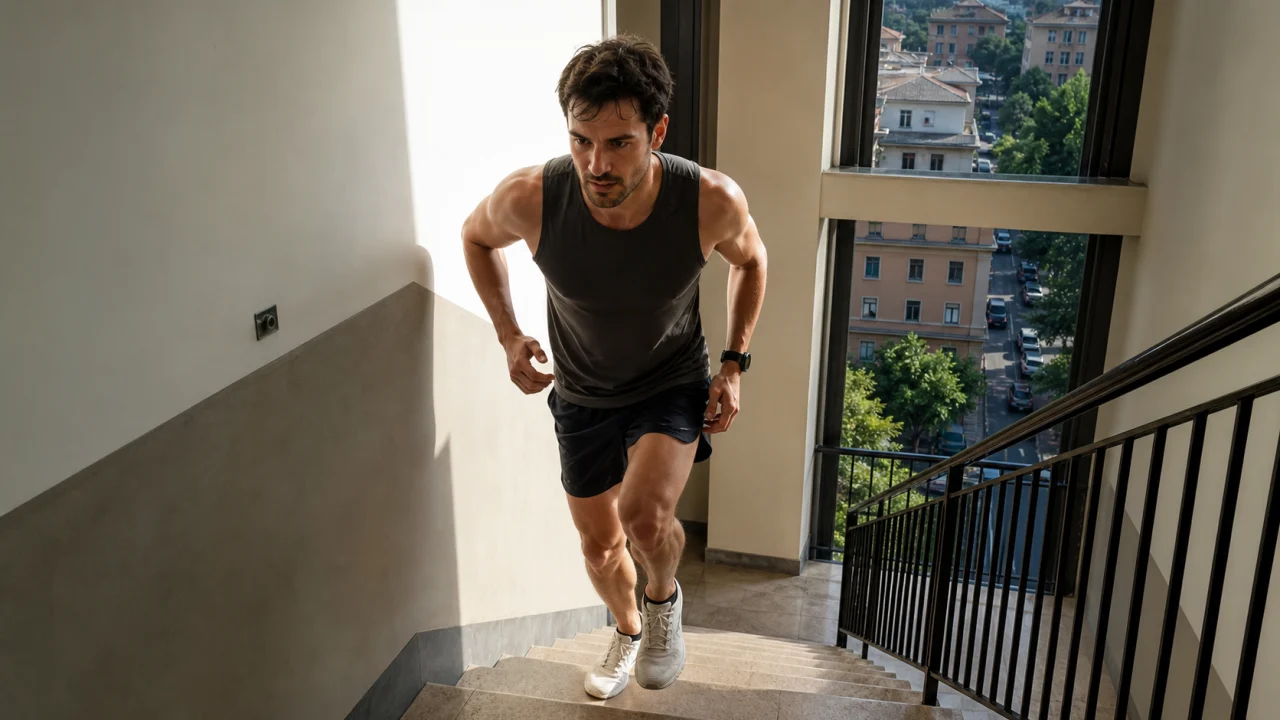 Persona adulta sale le scale di un edificio urbano durante un allenamento breve estivo.