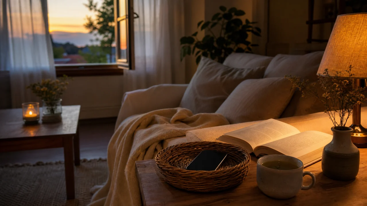 Soggiorno estivo al tramonto con telefono spento in un cestino, libro aperto, tisana e lampada calda vicino a una finestra.