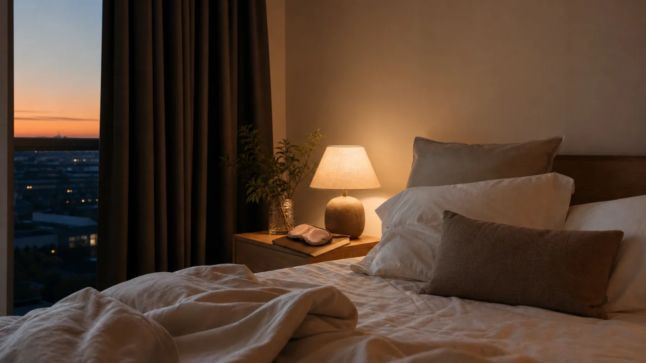 Camera da letto ordinata con tende oscuranti, luce calda, lenzuola chiare e comodino essenziale al tramonto.