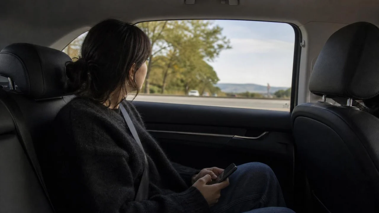 Passeggero seduto in auto con smartphone abbassato mentre guarda fuori dal finestrino durante il viaggio.
