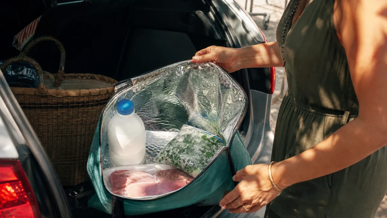 Borsa termica con spesa refrigerata nel bagagliaio aperto di un'auto in estate.