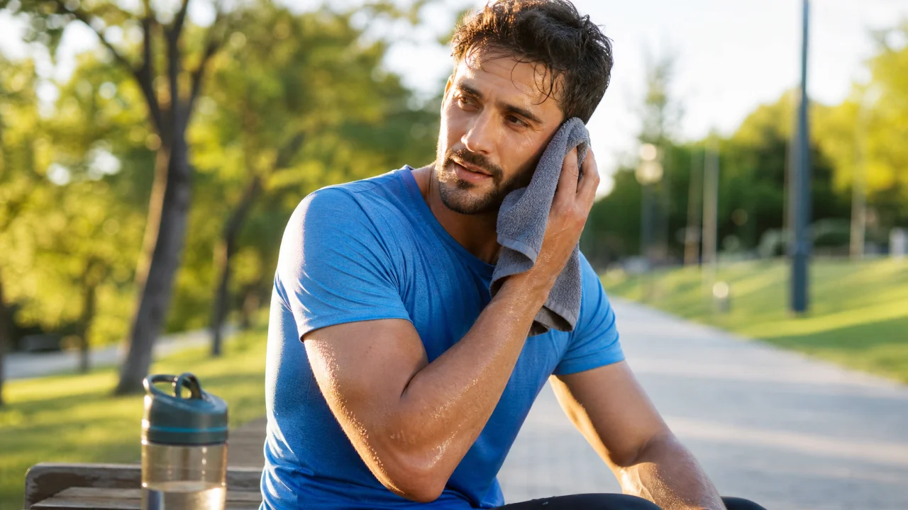 Runner adulto sudato in un parco estivo con asciugamano e borraccia su una panchina.