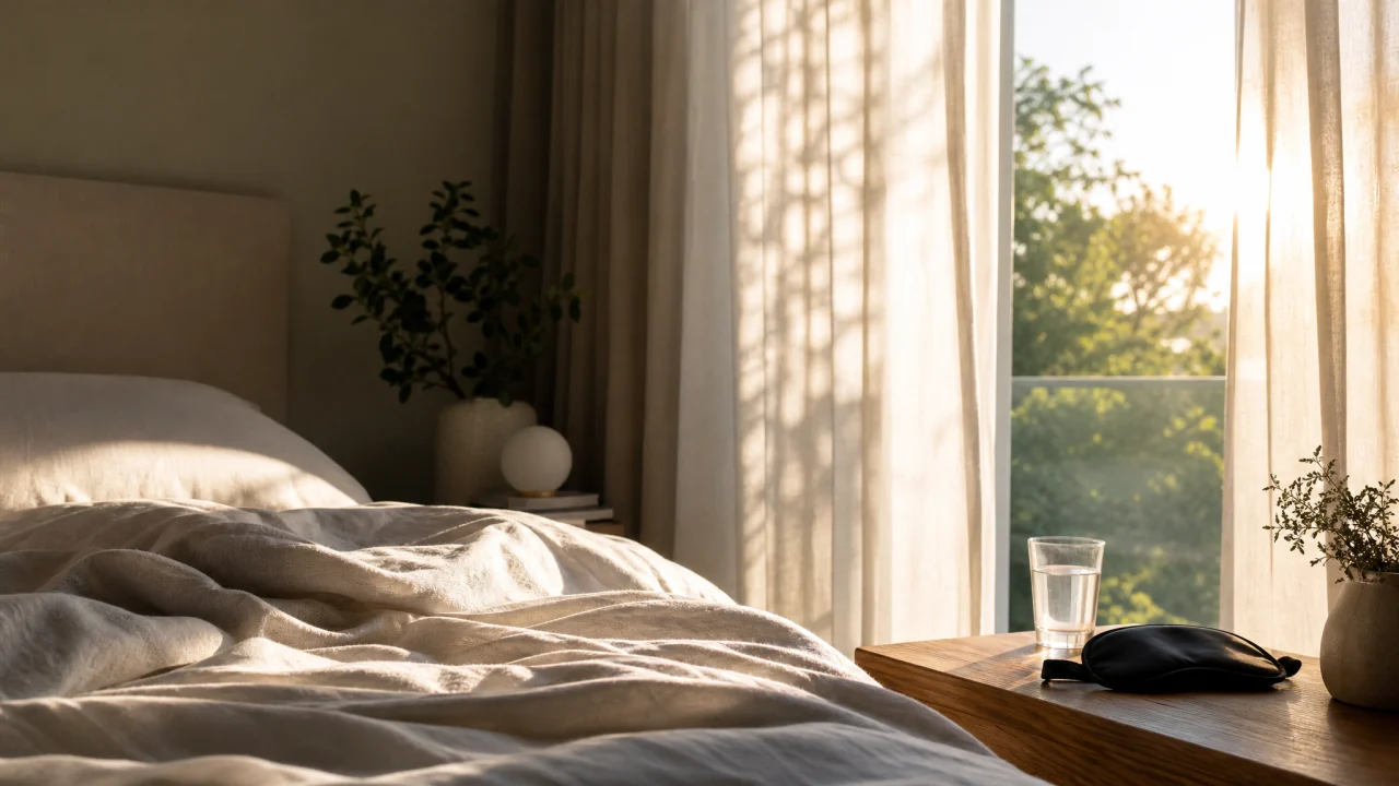 Camera da letto ordinata all'alba con luce estiva filtrata dalle tende e mascherina da sonno sul comodino.