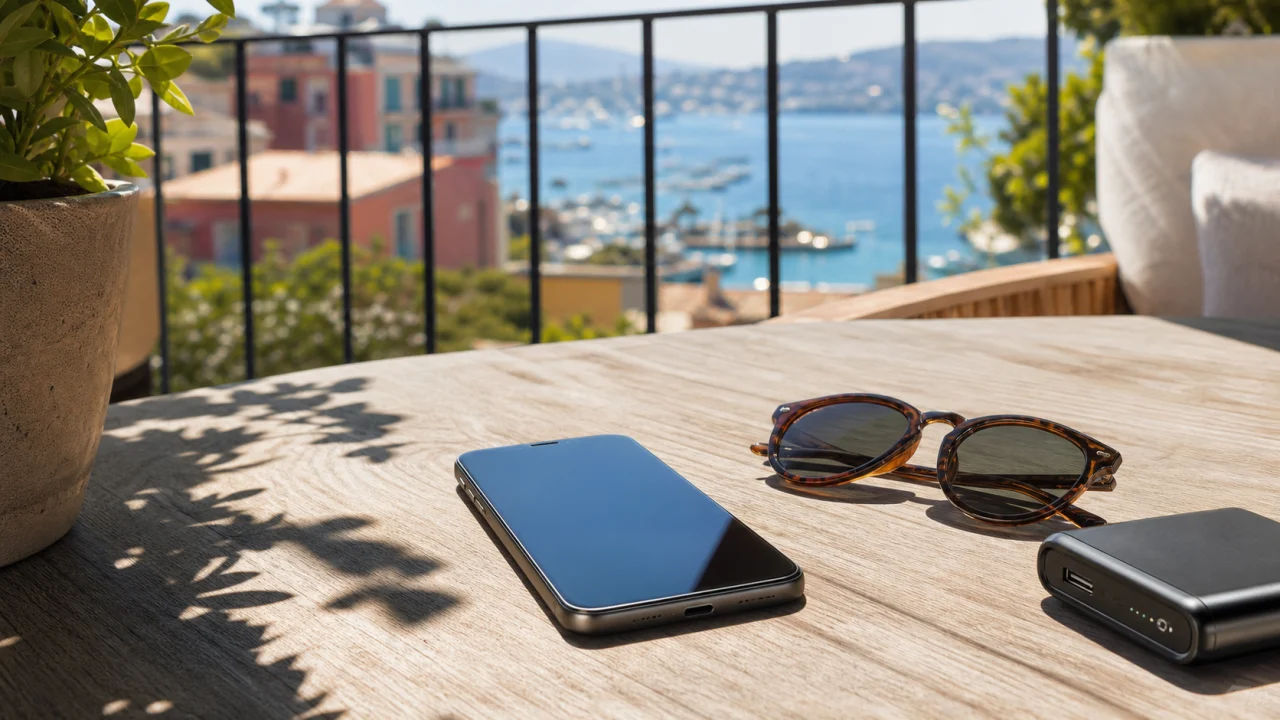 Smartphone in ombra su tavolo estivo con occhiali da sole e power bank accanto.