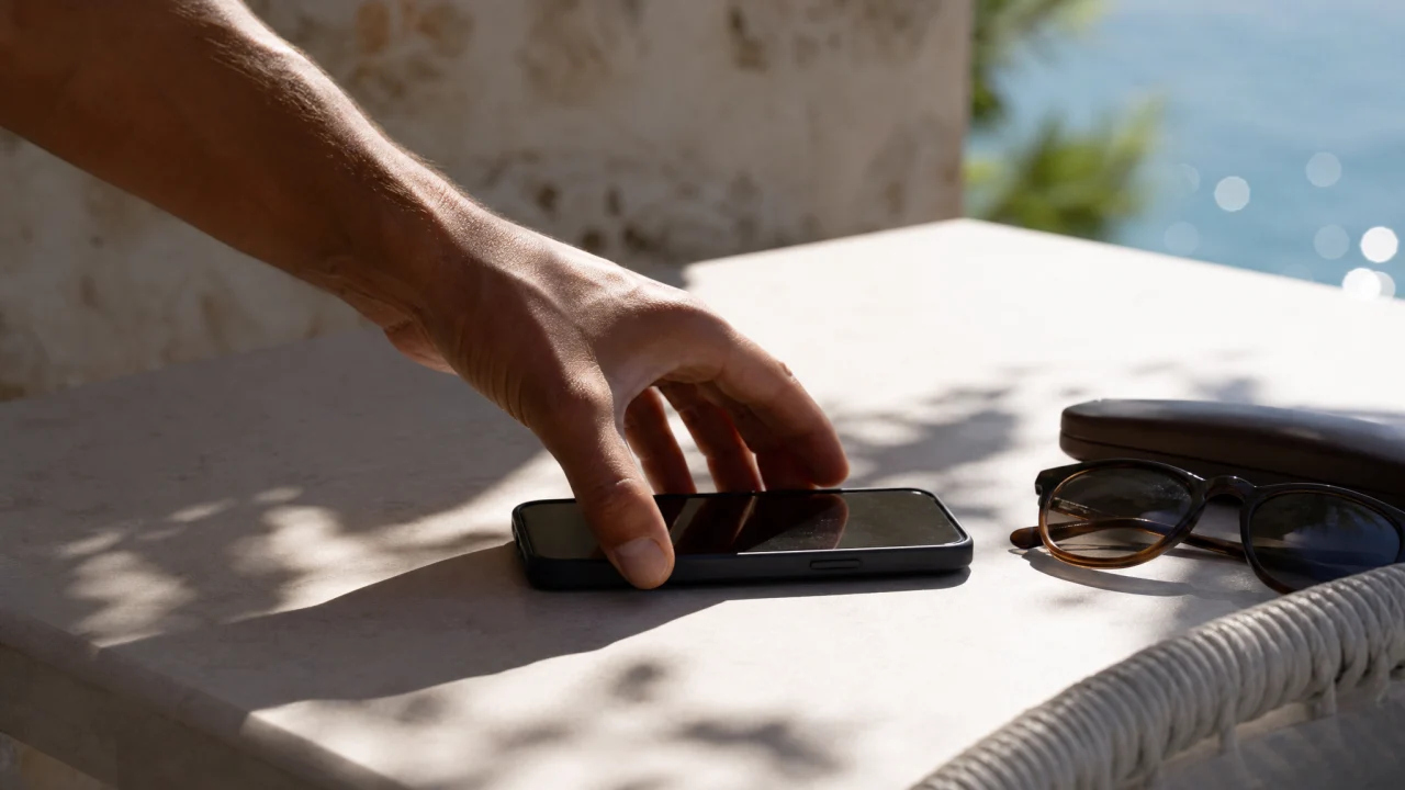 Smartphone nero su tavolino all aperto in ombra con occhiali da sole accanto.