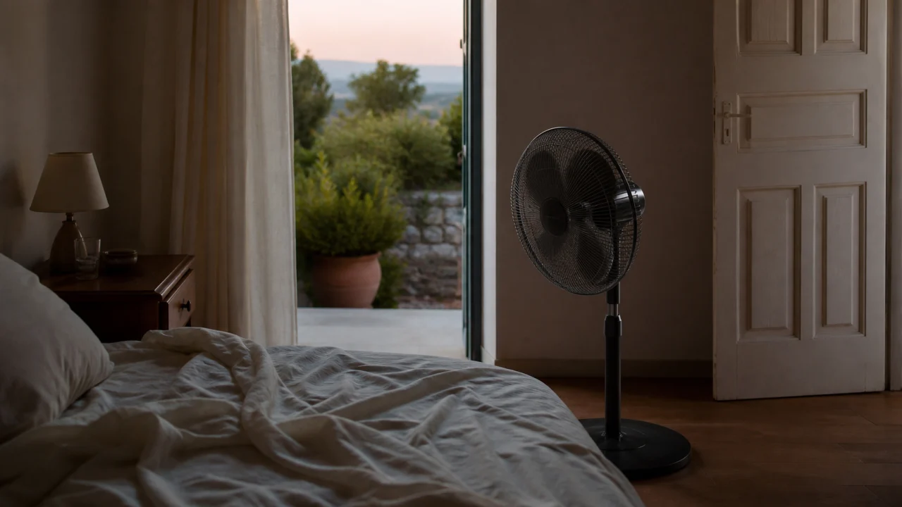Camera da letto estiva al tramonto con ventilatore a piantana orientato lontano dal cuscino.