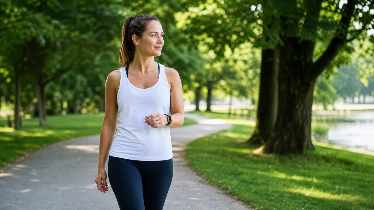 Persona in abbigliamento sportivo che cammina in un parco estivo indossando uno smartwatch con schermo scuro.