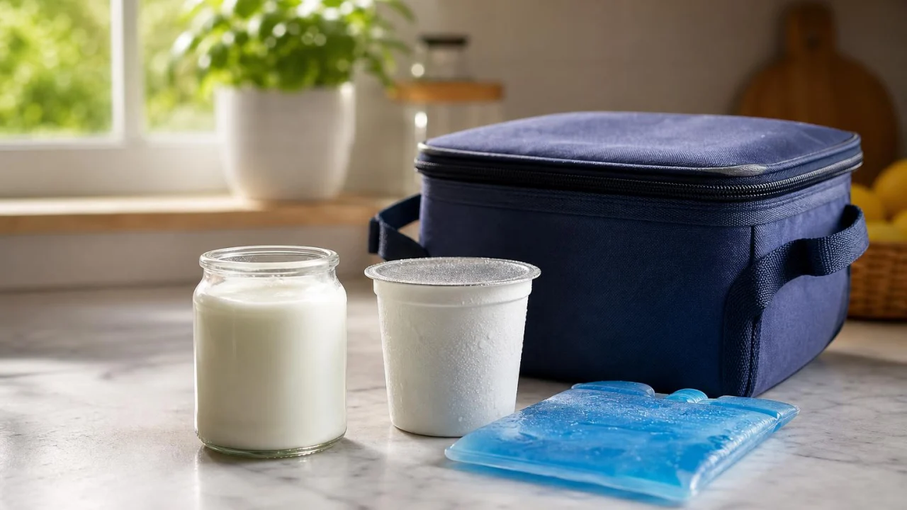 Yogurt e borsa termica su un piano cucina illuminato da luce estiva.