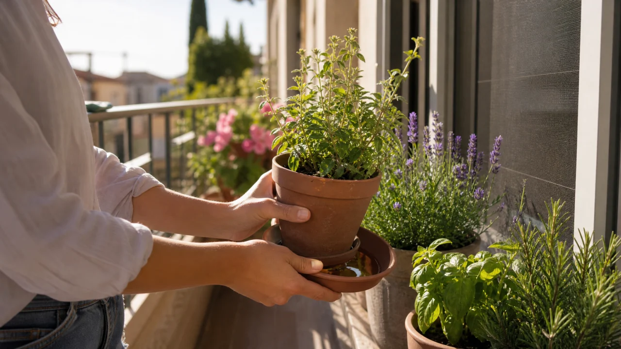 Mani che controllano un sottovaso su un balcone estivo con piante aromatiche e zanzariera sullo sfondo.