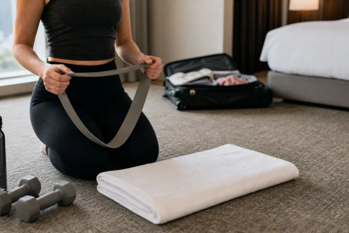 persona che usa un elastico da fitness e un asciugamano in una camera d'hotel con valigia aperta sullo sfondo.