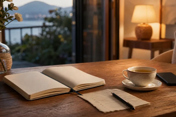 quaderno aperto, penna, tazza e telefono capovolto su un tavolo domestico al tramonto.