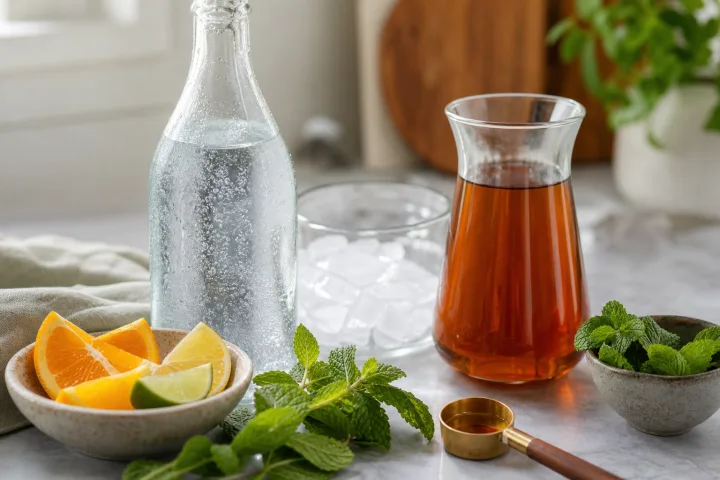 Ingredienti freschi per un aperitivo analcolico con soda, agrumi, menta e infuso freddo su un piano cucina.