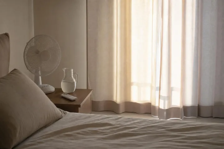 Camera da letto estiva con tende leggere, ventilatore spento, telecomando del condizionatore e caraffa d'acqua sul comodino