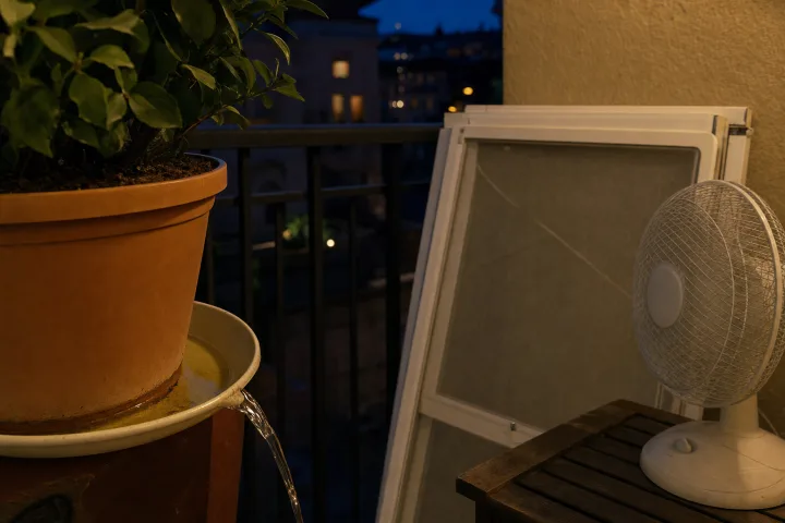 Sottovaso svuotato su un balcone serale con zanzariera e piccolo ventilatore sul tavolo.