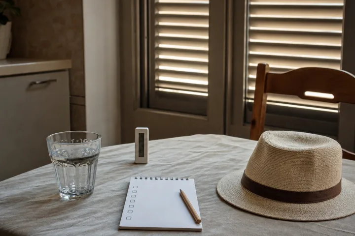 Tavolo di casa in ombra con bicchiere d'acqua, cappello chiaro e termometro ambiente.