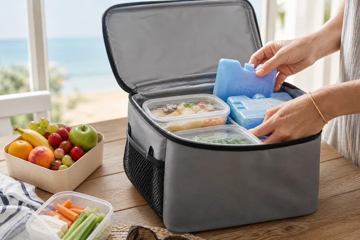 contenitori chiusi e ghiaccioli gel sistemati dentro una borsa frigo pulita su un tavolo luminoso.