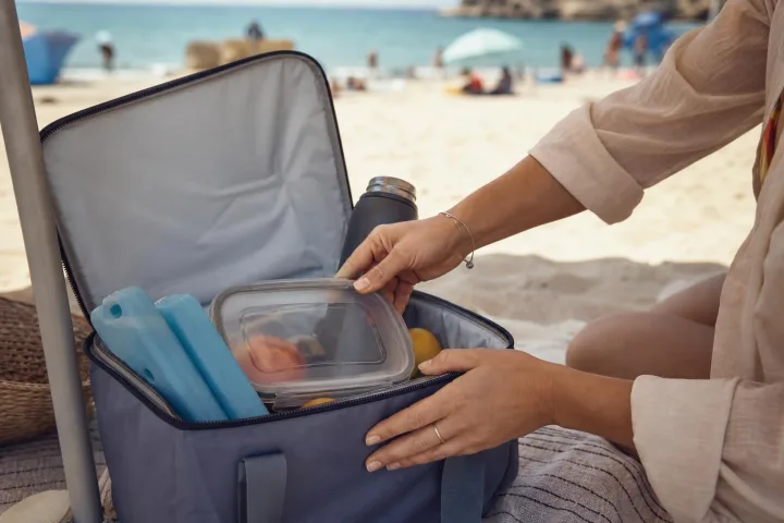 Borsa termica all'ombra con contenitore chiuso, ghiaccioli riutilizzabili, borraccia e frutta su una spiaggia estiva