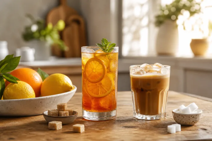 bicchieri di tè freddo e caffè con ghiaccio su un tavolo estivo accanto a cubetti di zucchero