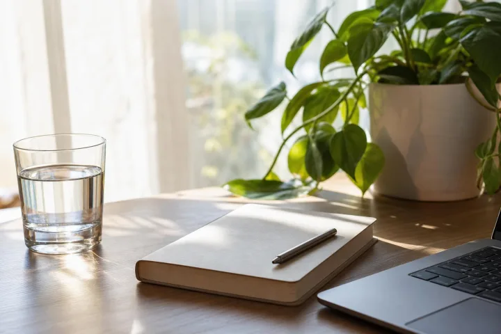 Scrivania estiva ordinata con acqua e agenda per gestire pause e idratazione