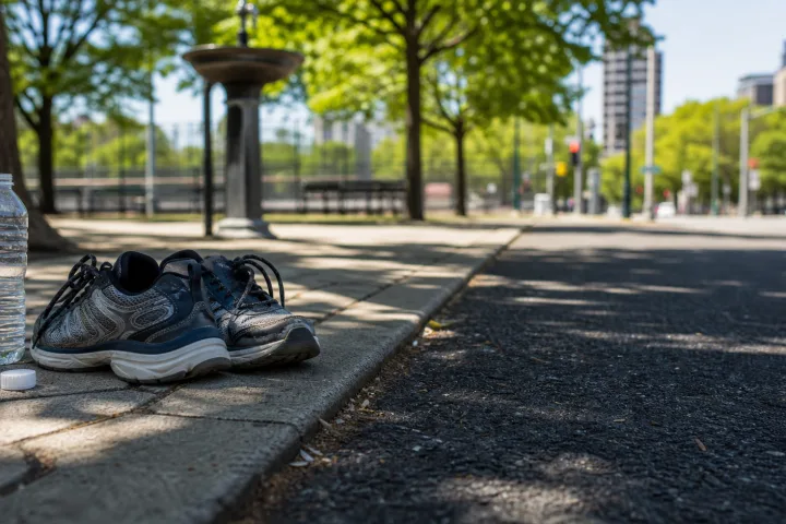 Scarpe da camminata e borraccia su un marciapiede urbano ombreggiato accanto all’asfalto assolato.