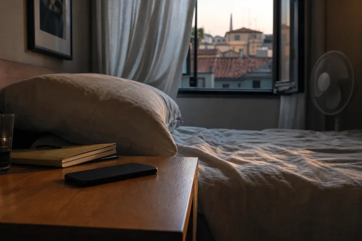 Comodino con telefono girato, quaderno e letto pronto in una camera luminosa al tramonto.
