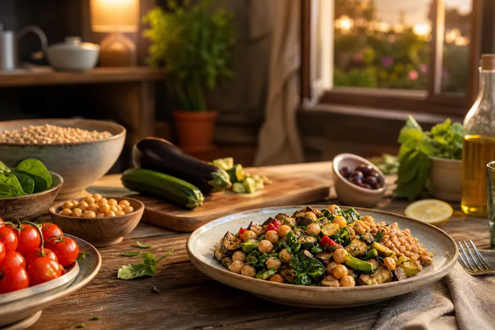 Piatto serale con ceci verdure grigliate cereali integrali erbe fresche e olio extravergine su tavola domestica