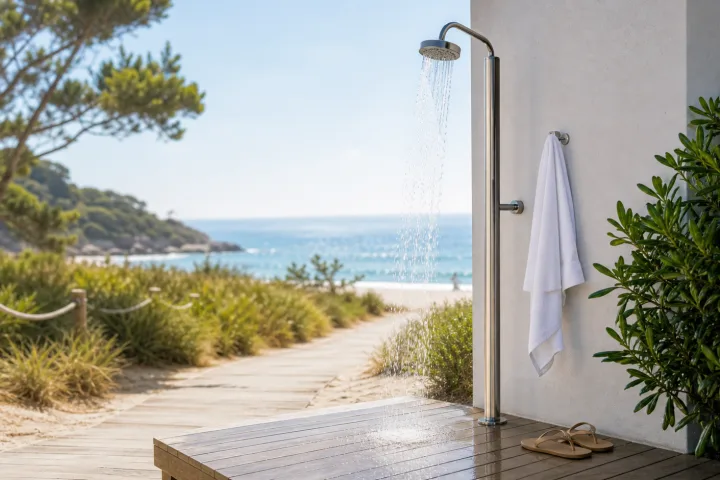 Doccia da spiaggia all'aperto con acqua dolce in ambiente luminoso e pulito