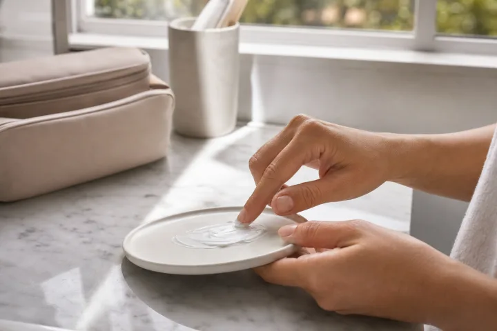 Mani controllano la consistenza di una crema solare su un piano chiaro vicino a un beauty case