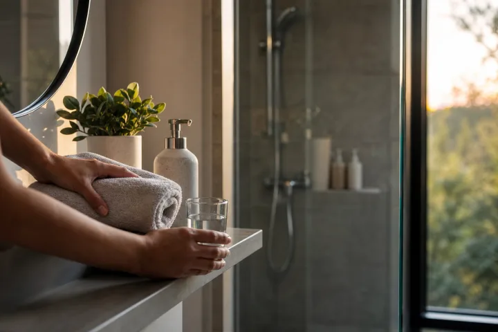 Asciugamano chiaro e bicchiere d'acqua su una mensola del bagno vicino alla doccia