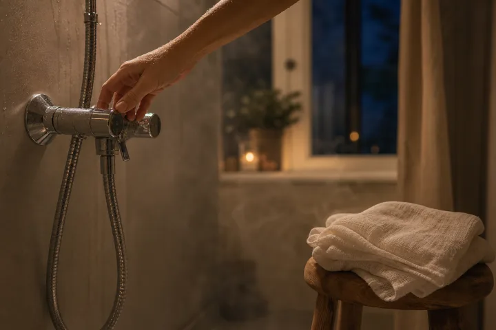Mano che regola un miscelatore della doccia in un bagno illuminato di sera, con asciugamano piegato accanto.