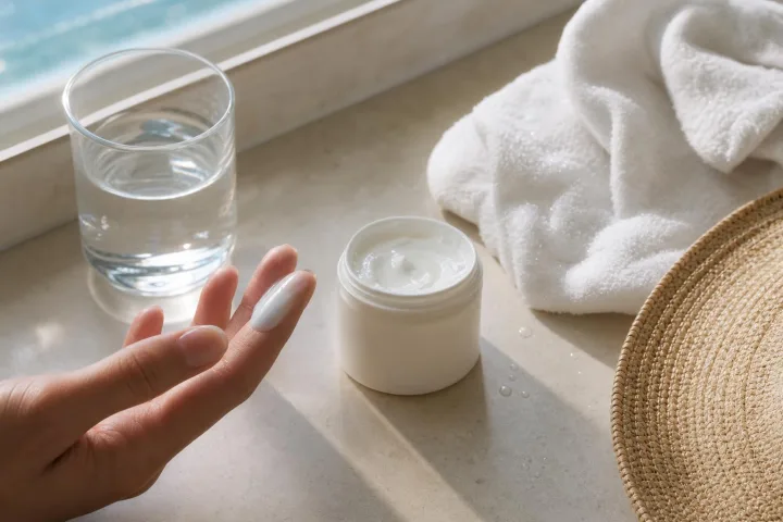 Crema doposole e crema corpo senza marchi su una mensola luminosa con asciugamano e cappello estivo