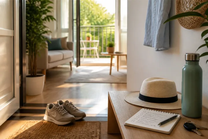 borraccia, cappello e scarpe da camminata ordinati all'ingresso di casa al mattino
