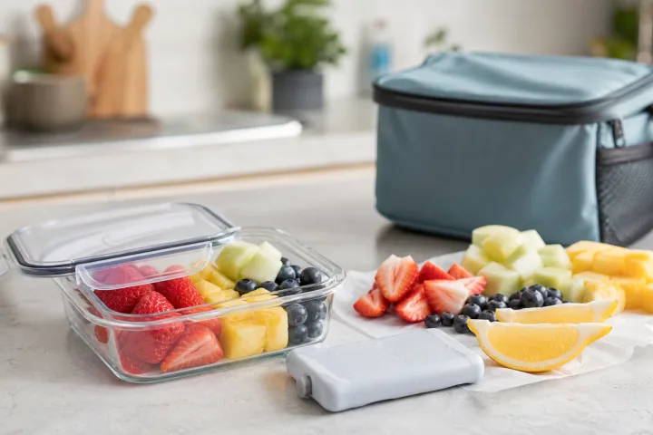 contenitore ermetico con frutta estiva tagliata e piccolo ghiacciolo gel su un piano cucina luminoso.