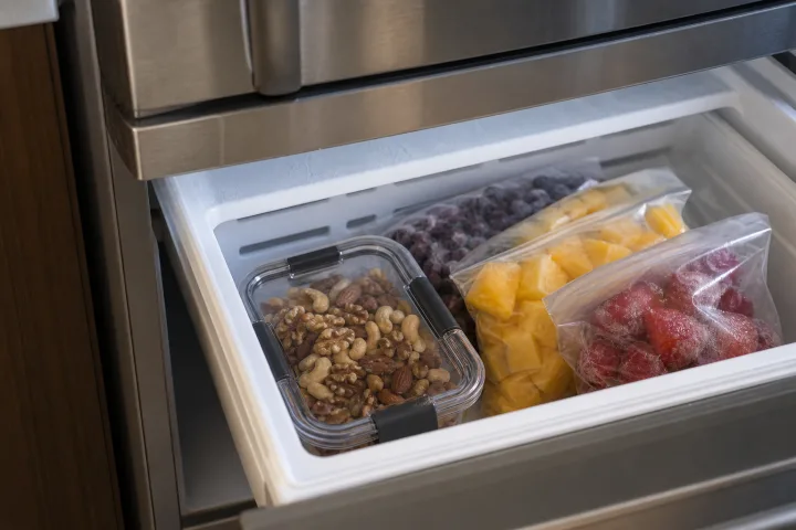 Contenitore trasparente con frutta secca riposto in un cassetto freezer domestico