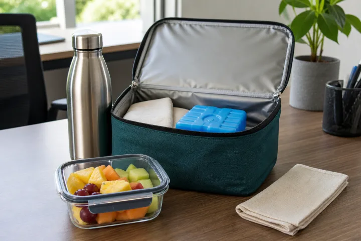 Contenitore con frutta tagliata in una borsa frigo aperta su una scrivania.