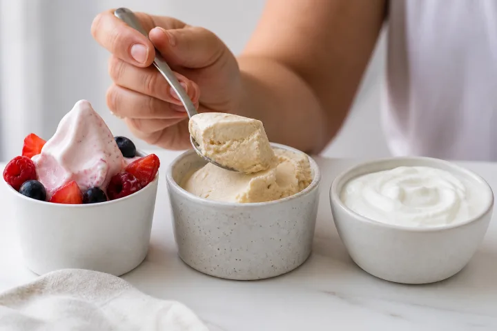 coppetta di yogurt frozen con frutti di bosco accanto a una piccola porzione di gelato proteico su un tavolo luminoso.