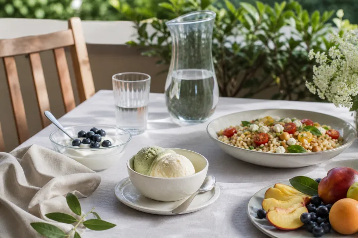 tavolo estivo con coppetta di gelato, yogurt bianco, frutta, acqua e insalata di cereali