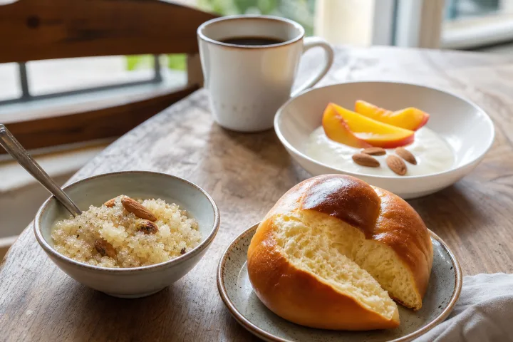 Colazione su tavolo di legno con granita, mezza brioche, yogurt, mandorle e frutta fresca vicino a una finestra.